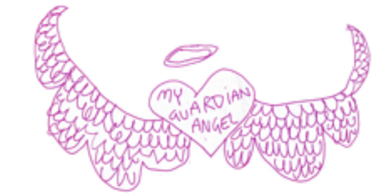 pink line drawing of a heart with large feathered wings and a halo, inside the heart are the words My Guardian Angel