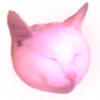 photo a white shorthaired cat with his eyes shut, the photo has been cropped so it is just his head and the image is edited so it is tinted pink with a big shiny spot on his forehead. The cat's name is Nimbo