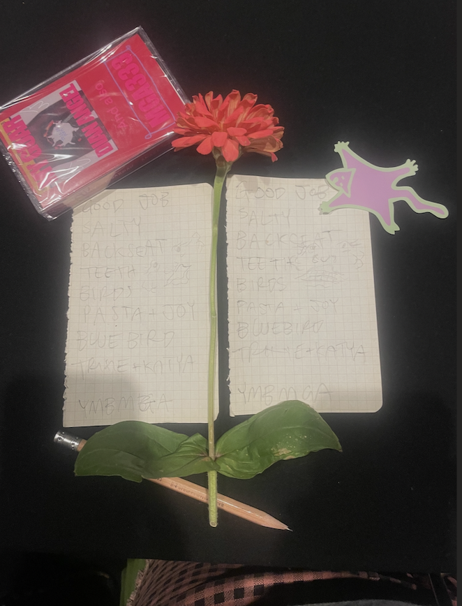 photo of two paper setlists, a drawing by Enoki, an orange zinnea flower, a cassette tape containing the two EPs we have released